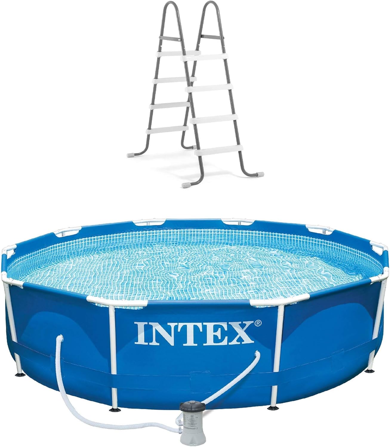 INTEX 10ft x 30in Round Metal Frame Above Ground Pool Set with 330 GPH Filter Pump, Type H Filter Cartridge, and Steel Frame Pool Ladder