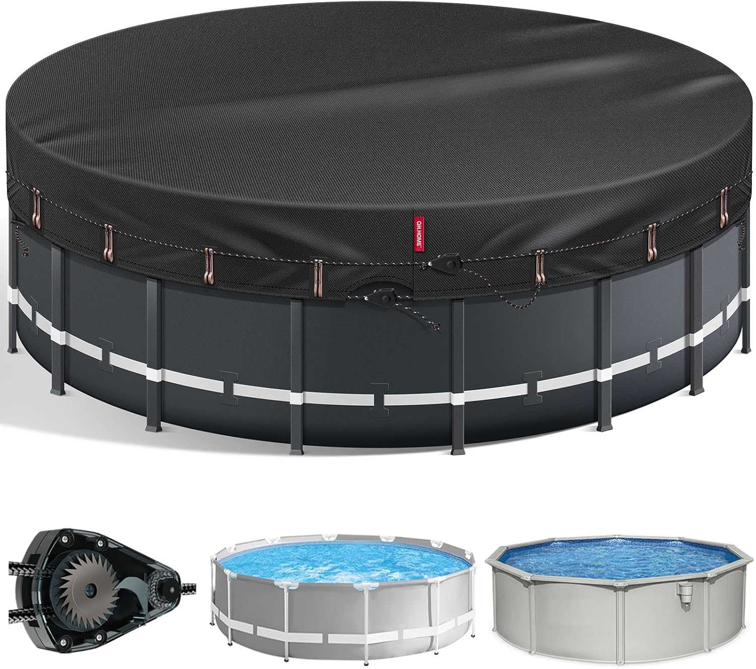 QH.HOME [2025 Upgraded 800D Fabric] 14 Ft Round Pool Cover for Above Ground Pools,One-Piece Tear Resistant Solar Pool Cover with 2 Patented Ratchet for Easy Installation - Swimming Pool Cover