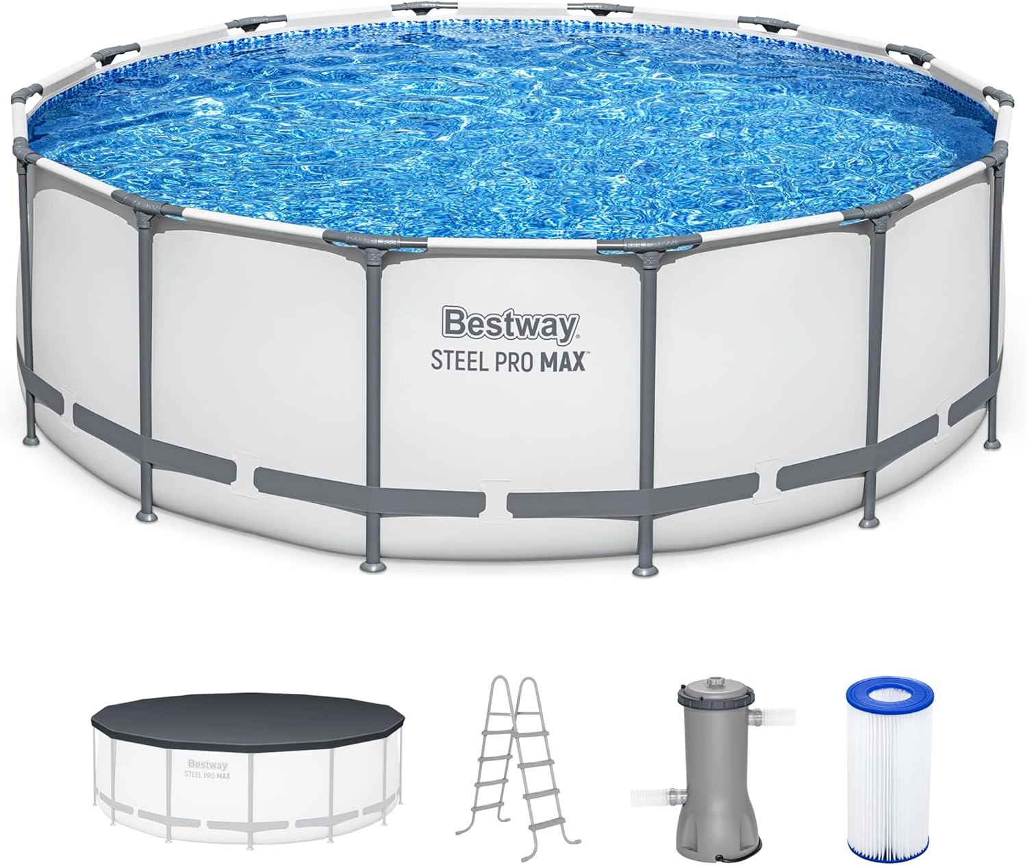 Bestway Steel Pro MAX 14 Foot x 48 Inch Round Metal Frame Above Ground Outdoor Swimming Pool Set with 1,000 Filter Pump, Ladder, and Cover, Gray
