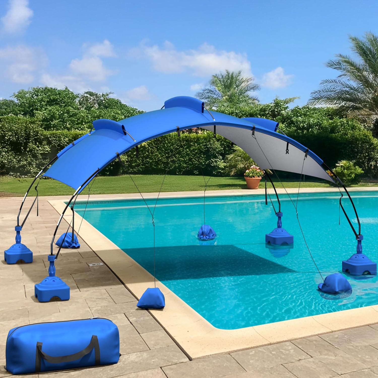 Pool Canopy, Beach Shade Canopy with UV Block & Waterproof, Steel and Aluminum Frame, 18’x 9’ Pop Up Canopy with Sandbags, Pool Accessories and Carry Bag, for Swimming, Ground, Patio, Lawn