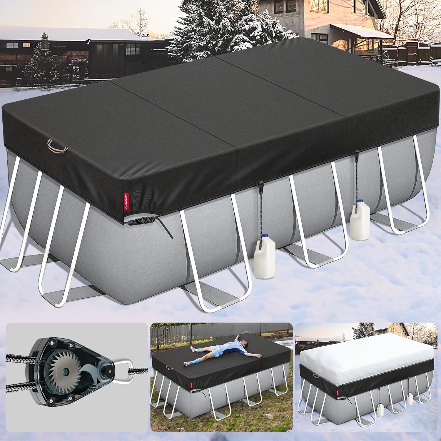 QH.HOME [2025 Upgrade Super Windproof] 7x13FT Rectangle Pool Cover for Above Ground Pools,[Durable and Tear-Resistant] Winter Oval Pool Cover with Enhanced Ratchets and Tarp Clips