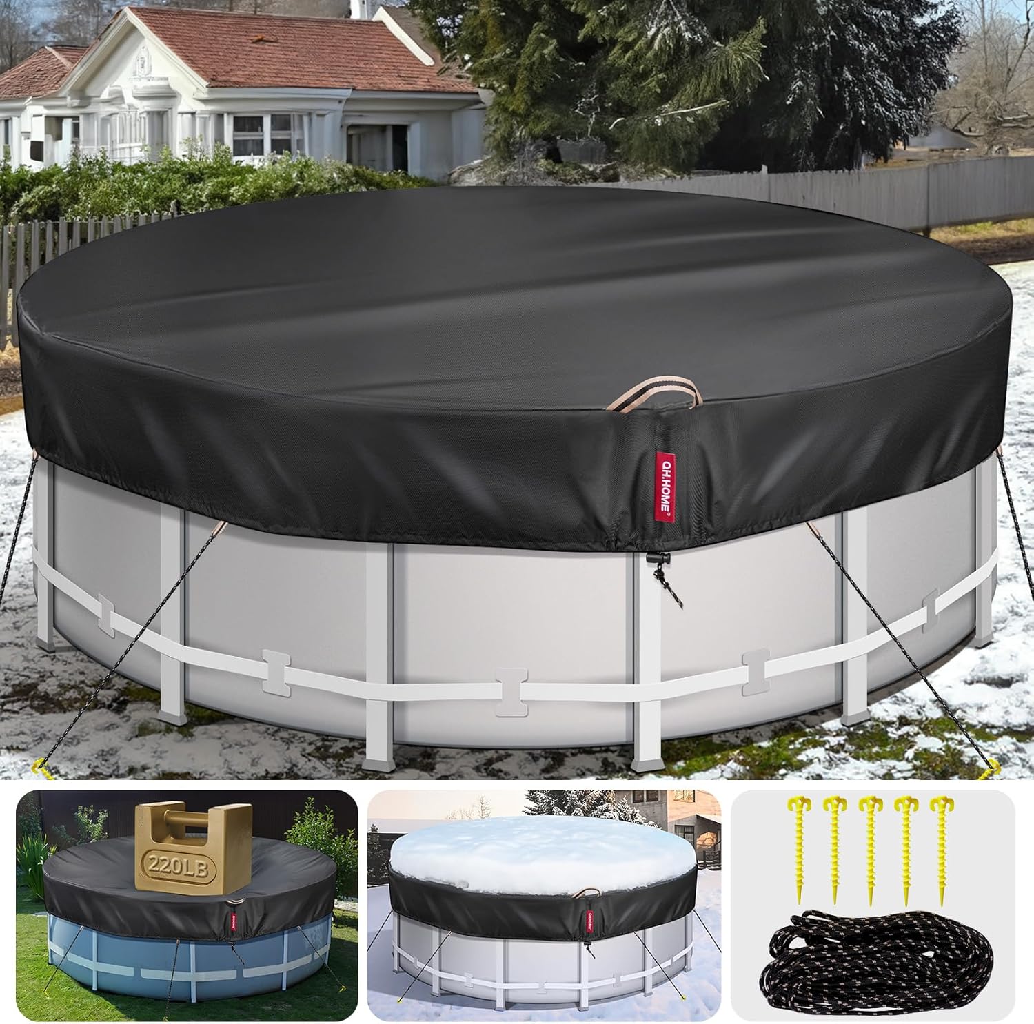 QH.HOME 18Ft Round Pool Cover with 738N Strong Tear Resistant [600D Upgrade Extra Dense Fabric] Swimming Pool Cover for Above Ground Pools, Solar Pool Cover with Fade Resistant, Windproof