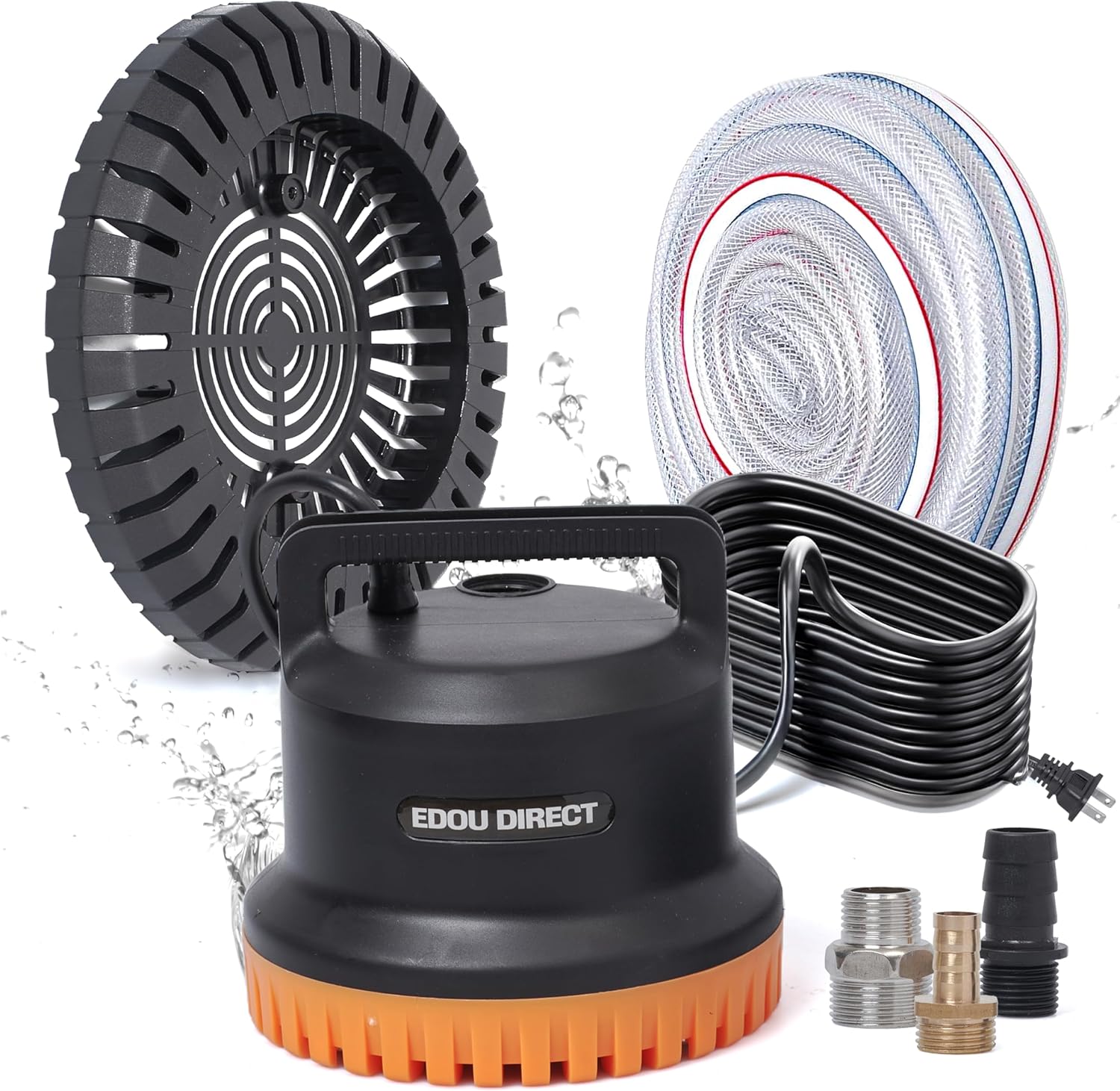 EDOU Pool Cover Pump - 850 GPH Flow Rate Dual Usage Submersible & Pool Pump - Ideal for Water Draining Above Ground Pools - Includes Hose & 2 Adapters, 25ft Power Cord - 5"x8"x8", Black & Orange