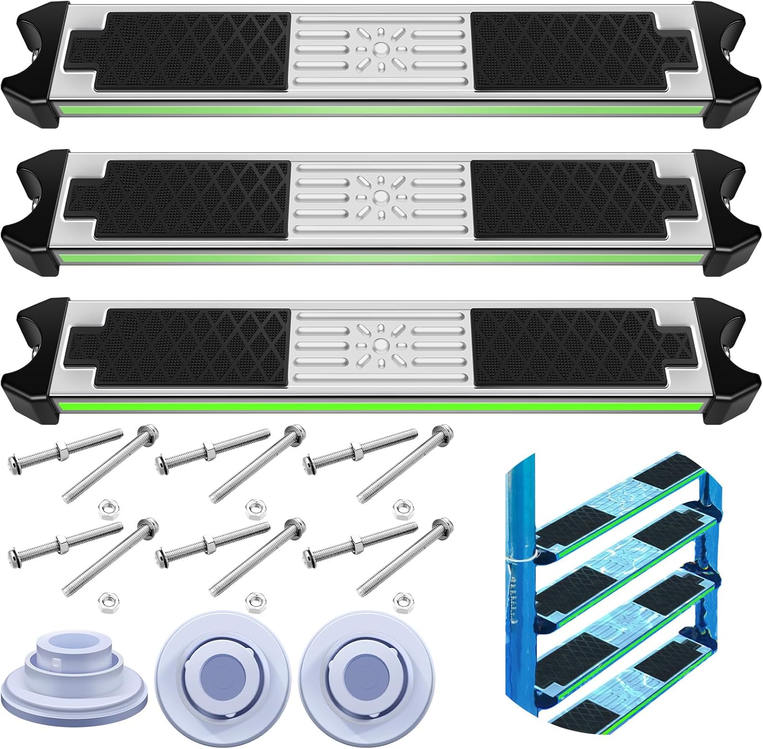 3 Piece Stainless Replacement Above Ground Pool Ladder with Reflective Strips Comes with 4 Rubber Stoppers, 1.9 Inch Non Slip Steps (with Bolts) Suitable for Swimming Stairs