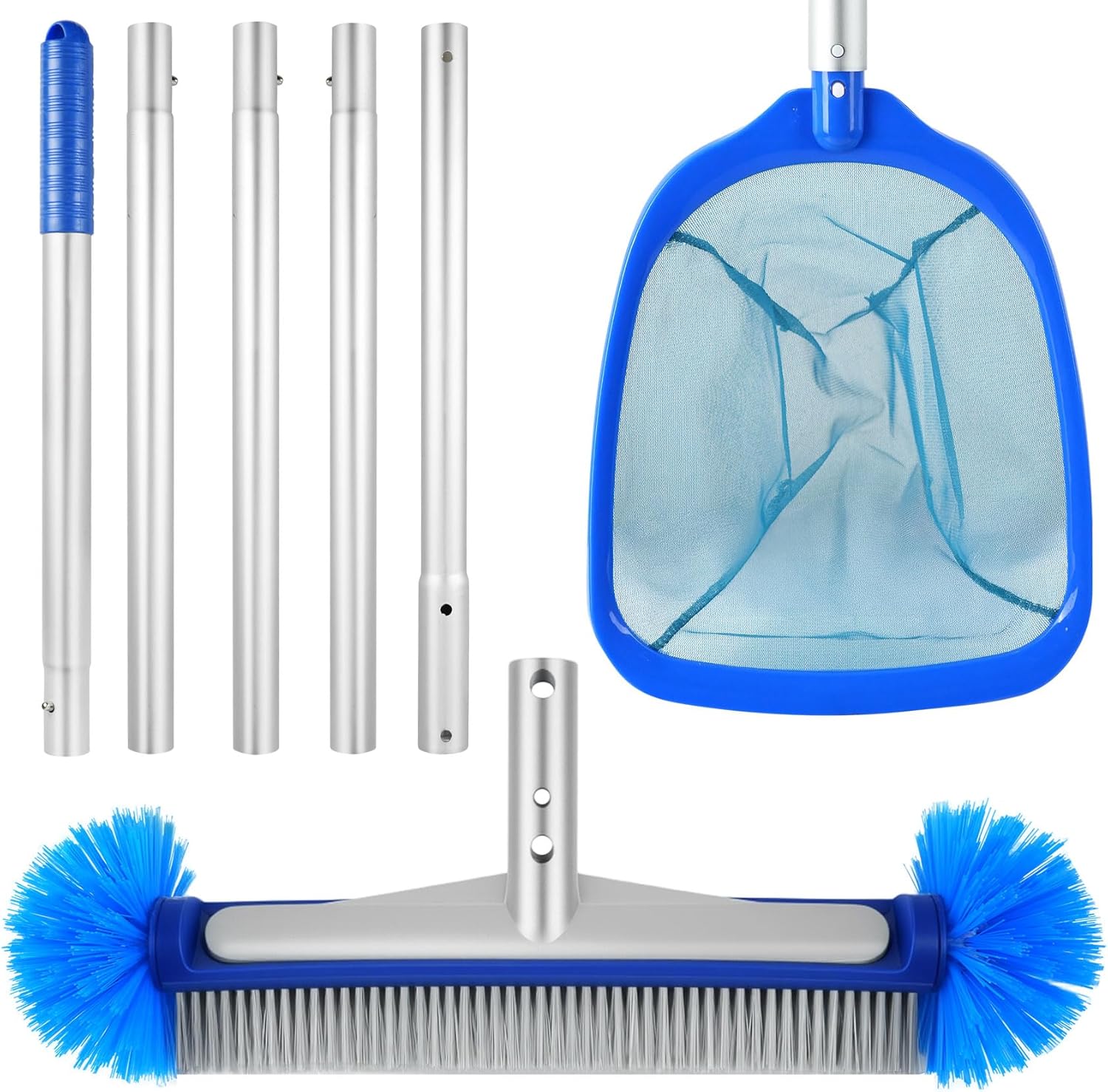 3PCS Swimming Pool Cleaning Kit, Pool Cleaning Tools with 17”Round Pool Brush and Half-Deep Fine Mesh Pool Leaf Skimmer Net & Aluminum Pole 5-Segment for Above Ground Pools, Ponds, Spas, Hot Tubs