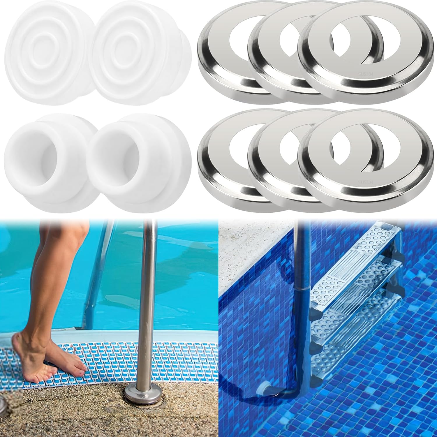 6Pcs Stainless Steel Pool Ladder Escutcheon Plates 4Pcs Rubber Pool Ladder Inside Plug Fits 1.9" Inner Diameter Tubing Pool Handrail Pool Ladders Covers Pool Handrails Rings for Inground Pool