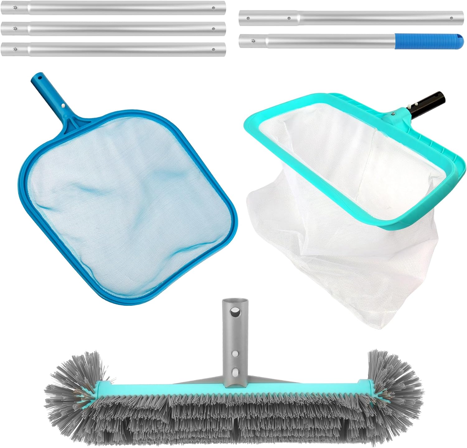 Pool Cleaning Kit - Includes Shallow Net Skimmer, Deep Net Skimmer, Detachable Pool Brush & 6-Ft Adjustable Aluminum Pole - Perfect for Above Ground Pools