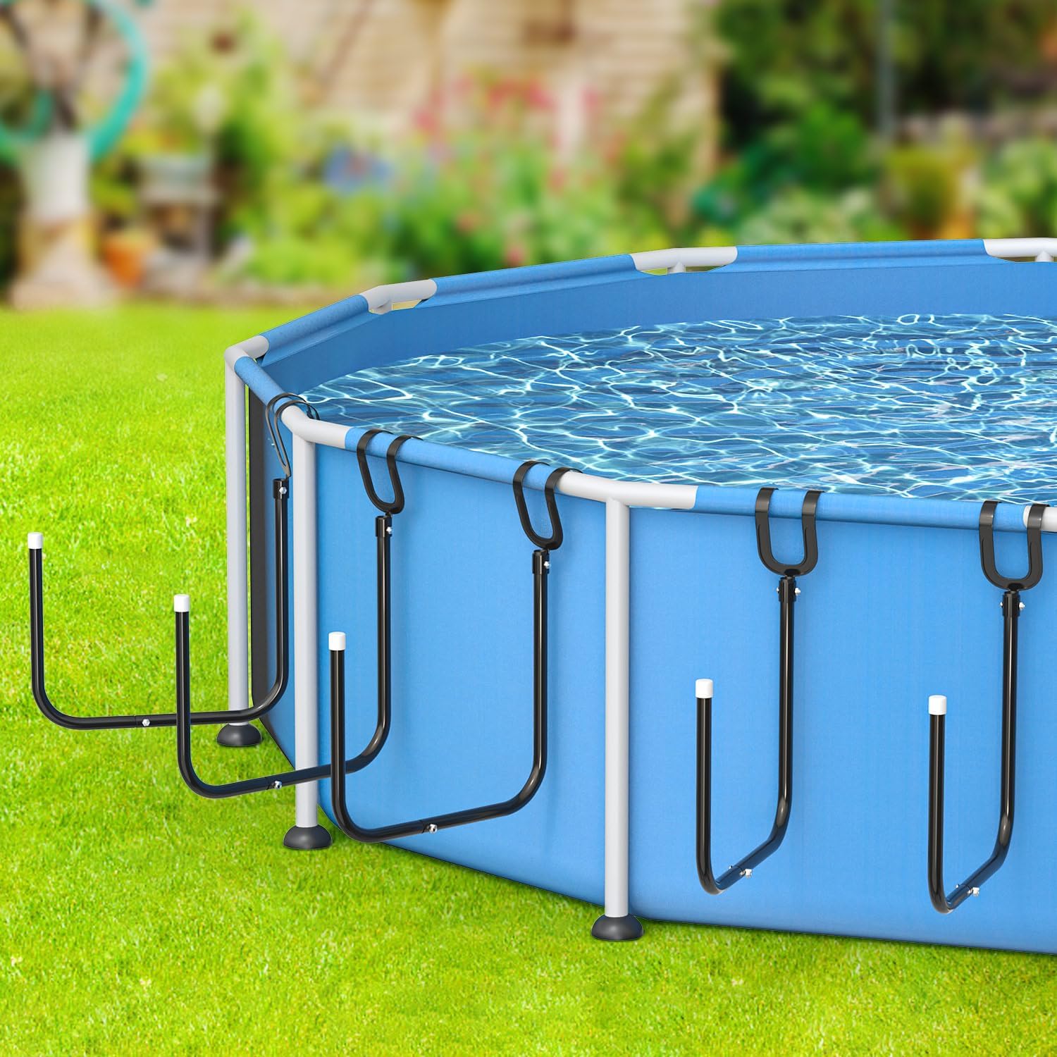 5 Pack Solar Pool Cover Holder, Adjustable Solar Cover Hooks Keep Solar Cover Off The Ground, L-Shape Iron Tube Set, Fits Framed Above Ground Pools (Black)