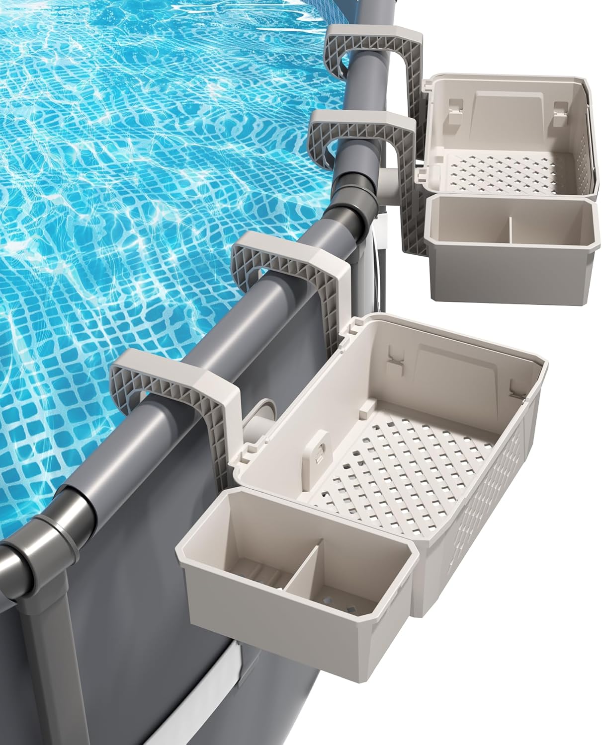 2 Sets of Poolside Storage Baskets with Cup Holders - Perfect for 3-Inch or Smaller Top Rails - Above Ground Pool Accessories - Fit for Most Above Ground Pool（Grey）