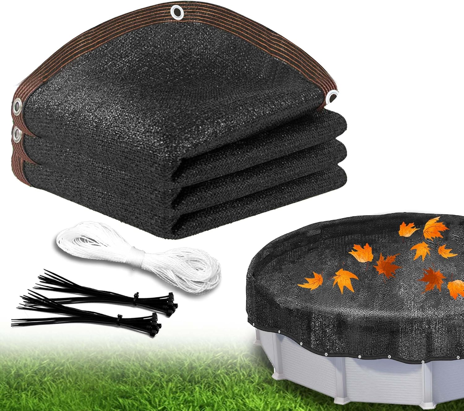24FT Durable Round Pool Covers for Above Ground Pools, Black Pool Leaf Net Cover with Grommets& Mesh Tarp Cover, Ideal Leaf Net for Above Ground Pool for 21FT Round Pools