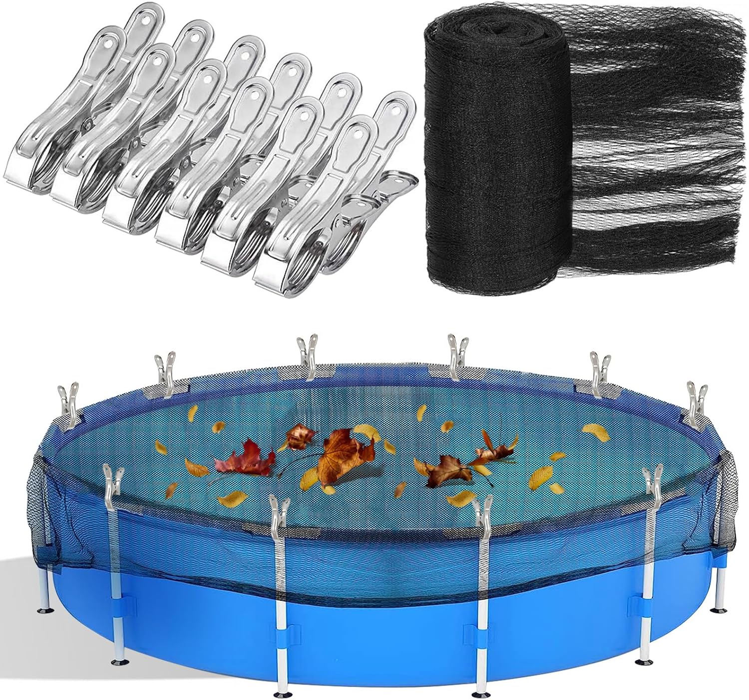 19.7 Feet Round Leaf Net Cover for Above Ground Pool, Winter Cover Mesh Cover with 12 Pcs Large Metal Clips，Pool Safety Net Fits 18FT Above Ground Pools, Keeps Leaves Out of Your Pool （Black）