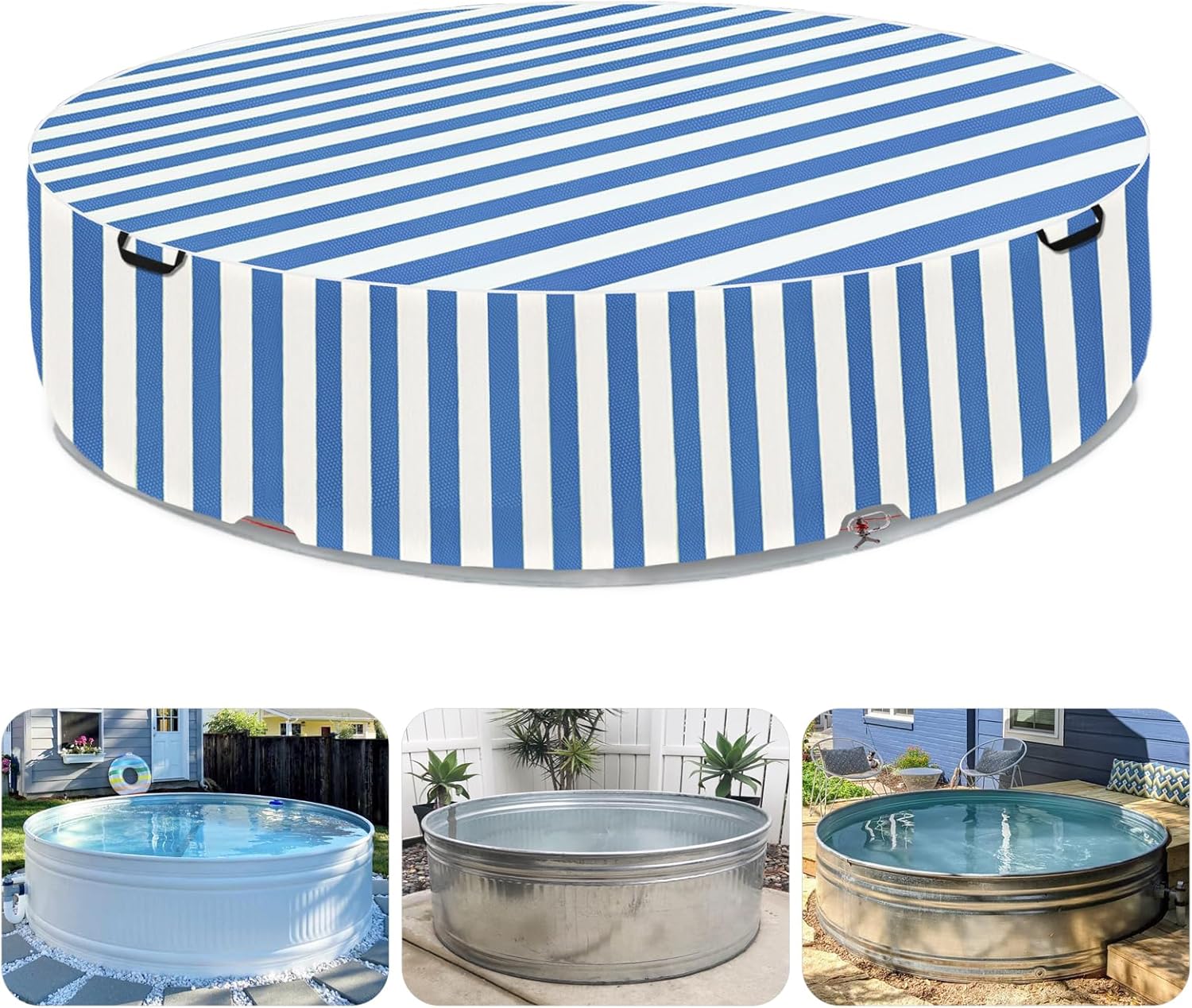 8 Ft Steel Round Stock Tank Pool Cover - Upgraded to Full Coverage, Wire Rope & Winch Design Increase Stability - Blue