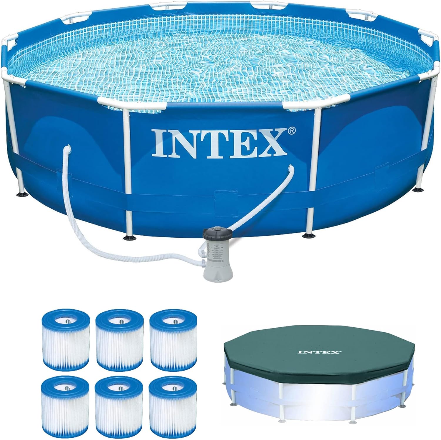 INTEX Pool Metal Frame 10'x30" Round Outdoor Swimming Pool Set with 330 GPH Filter Pump, Pool Cover, and Type H Filter Cartridge Replacements (6 pack)
