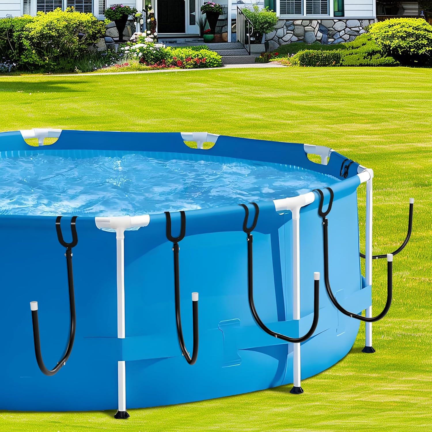 5PCS Solar Cover Holder for Above Ground Pool, Adjustable Metal Solar Cover Holder for Pool Solar Blanket Storage, U-Shaped Pool Cover Hooks Designed for Frame Above Ground Pools