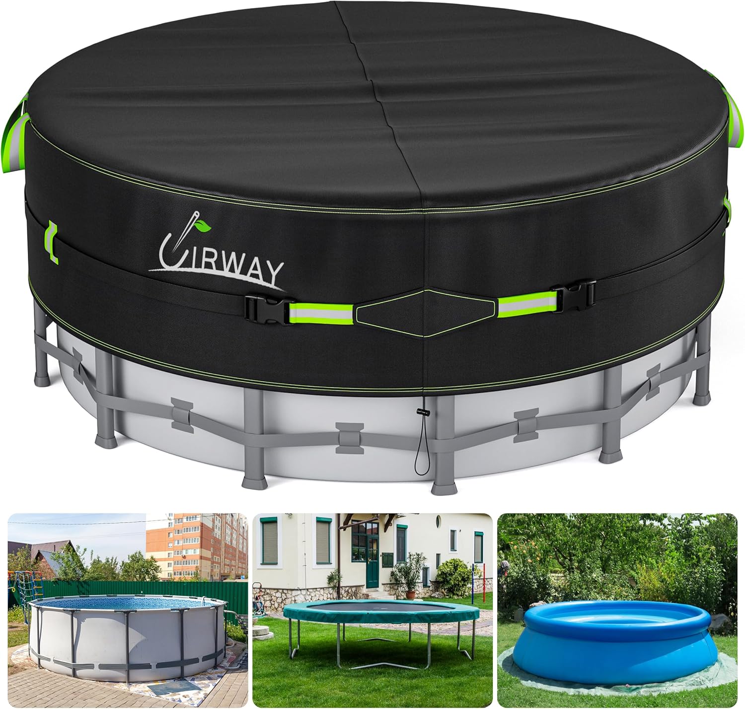 UIRWAY 10 Ft Round Pool Cover with Reflective Strips, Swimming Pool Cover for Above Ground Pools, Solar Cover Including Rope Tie and Luminous Ground Nails, PU Tarp Snug Fit for UV Protected