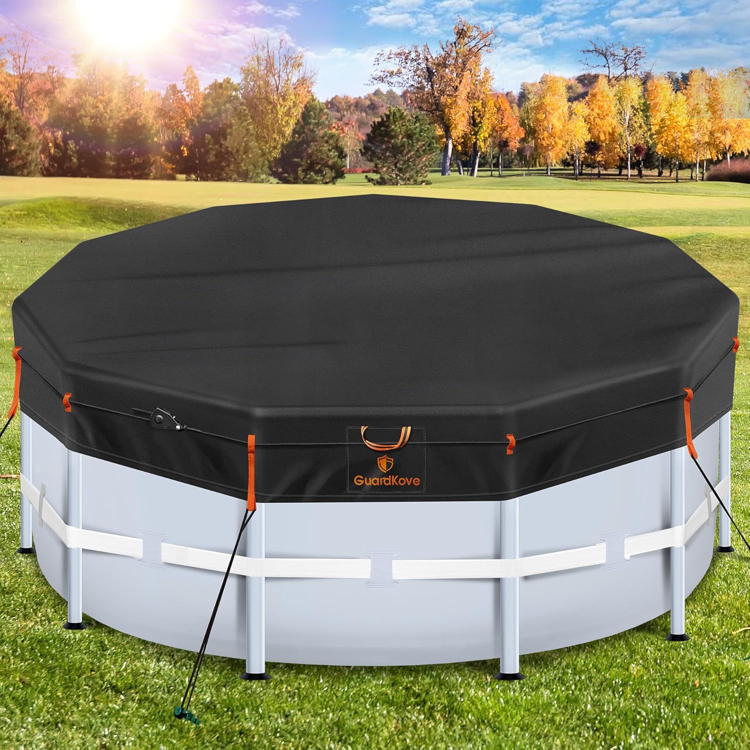 12Ft Round Pool Cover [2025 Upgraded Triple Top Windproof] for Above Ground Pools [UV & Tear Resistant, Waterproof] 500D Solar Pool Cover with Enhanced Ratchet Cord, Windproof Strips & Ground Nails